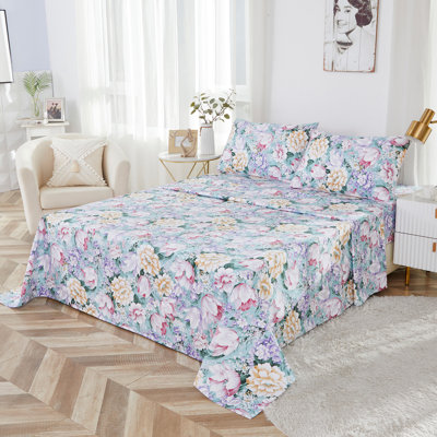 Ensemble de draps 100 % coton égyptien, 4 pièces, 800 fils/cm², imprimé floral de luxe, pour chambre à coucher, chambre d'amis, dortoir étudiant, toutes saisons