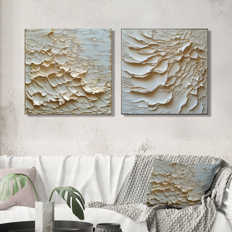 «Ascendant Light of Cream Waves Waters I» - art mural moderne - ensemble d'art mural abstrait 2 pièces, Toile tendue