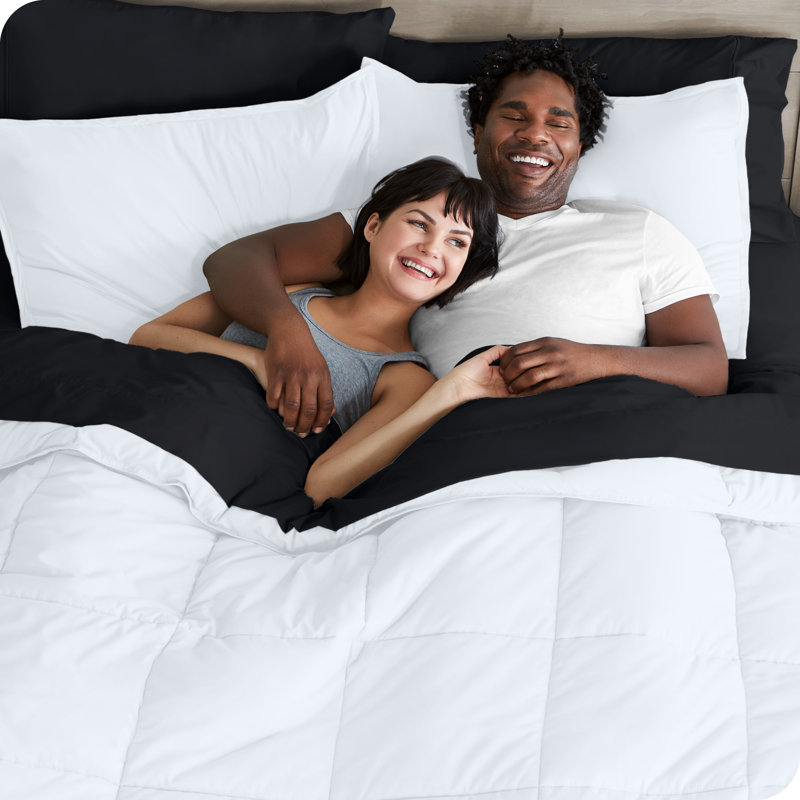 Lit dans un sac en microfibre 1800 de qualité supérieure 1800, Blanc / noir, Édredon double + 6 pièces supplémentaires
