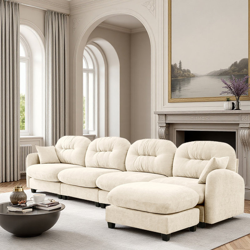 Sectional L Shaped Couch With Ottoman, Chenille Sofa, Beige Chenille