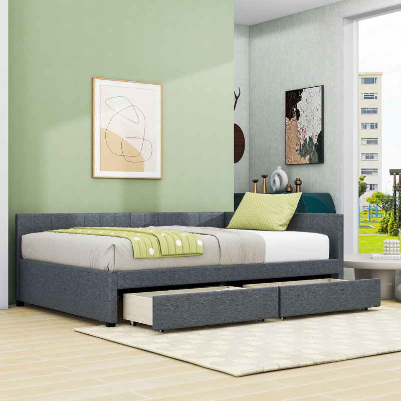 2 Drawers Full Upholstered Daybed, Semi-Closed Design, Gray