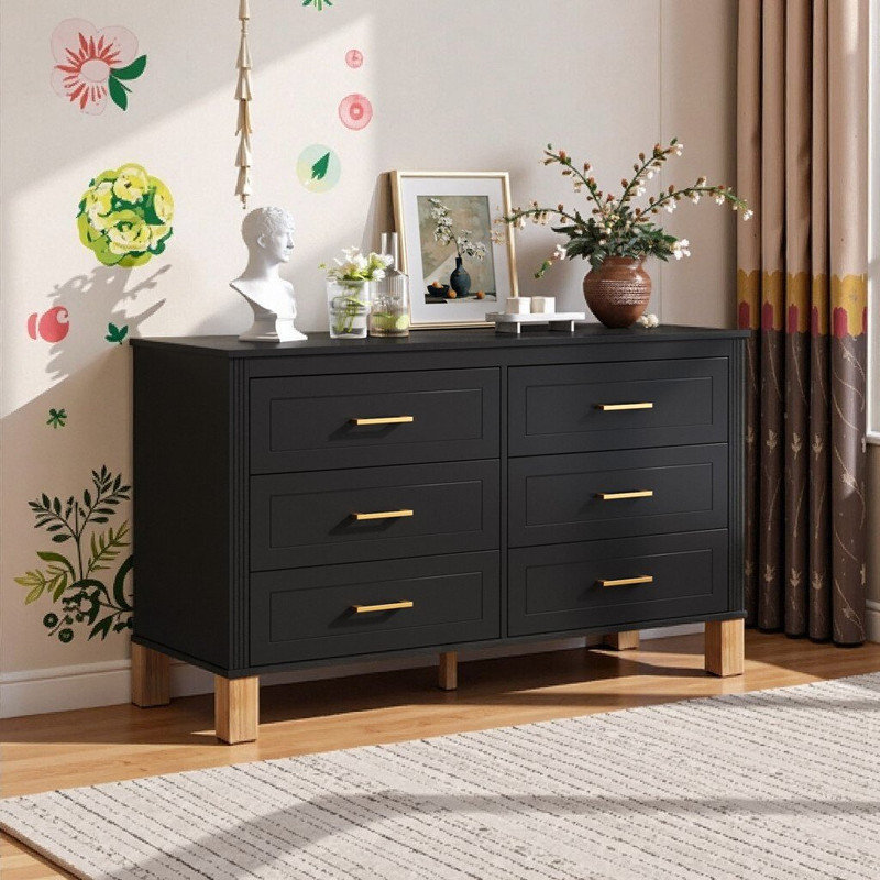 Scrigno 6-Drawer Double Dresser With Solid Wood Frame & Metal Handles, 47.24 L Storage Cabinet, Black