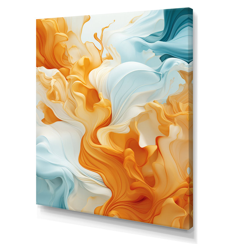 Encre liquide orange vif et turquoise, art abstrait - formes abstraites, 32" H x 16" W, Toile tendue