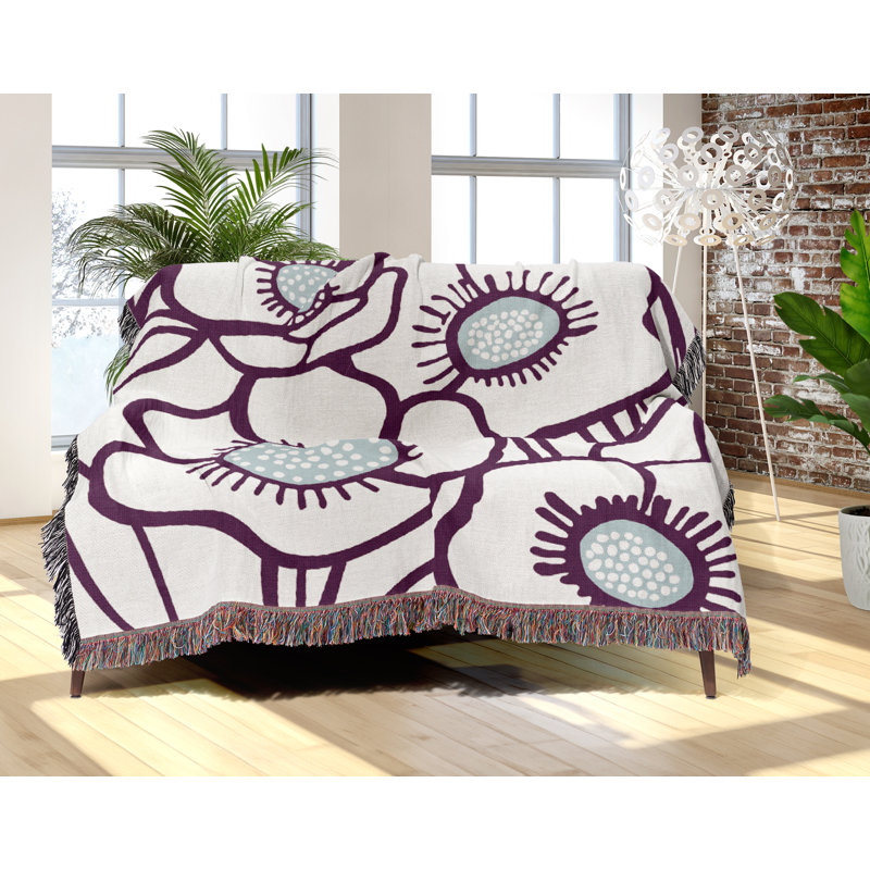 Jeté floral en coton, Violet, 60 x 60