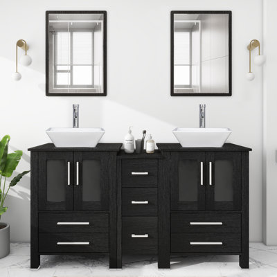 Meuble-lavabo double 60 po avec comptoir en bois manufacturé, lavabo vasque, robinet et bonde 