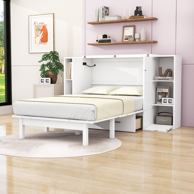 Lit escamotable multifonction avec ports USB intégrés et charge de type C, Gris, Grand lit