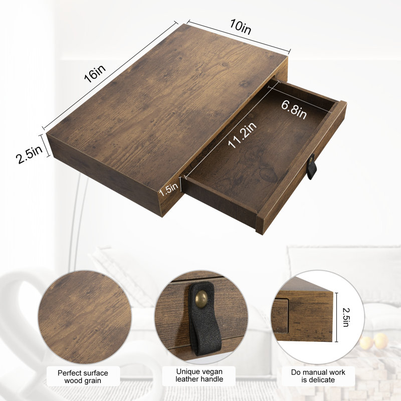 2 Piece Floating Shelf with Drawer (Set of 2), Brown
