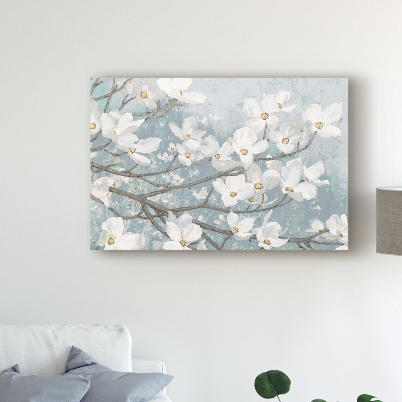 «Dogwood Blossoms II Blue Grey Crop» par James Wiens - reproduction sur toile, H 16 po x l 24 po x P 2 po