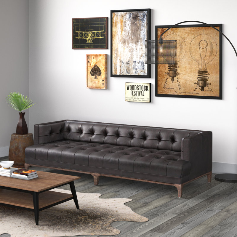 Canapé touffeté 91 po Bari, Brun, Cuir véritable Rider noir