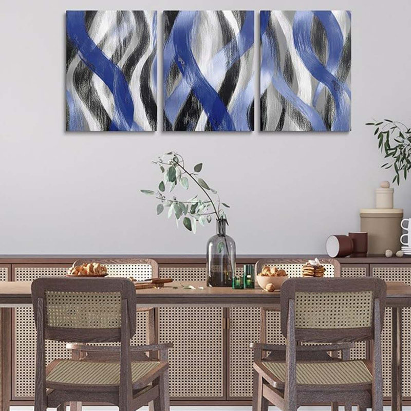 3 Piece Wrapped Canvas Print, Navy Blue