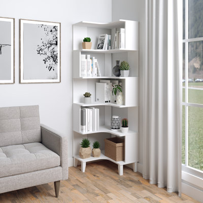 Yalin 6-Tier Modern Mid Century Corner Bookcase, 71.5" Extra Tall Corner Shelf With Storage