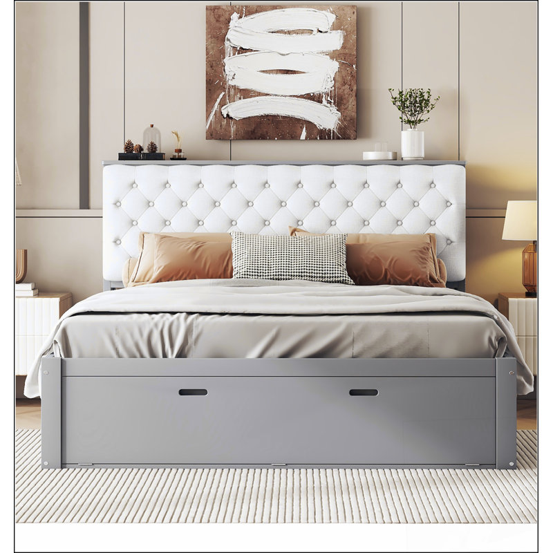 Grand lit plateforme en bois avec tête de lit, étagère à chaussures et 4 tiroirs, Gris