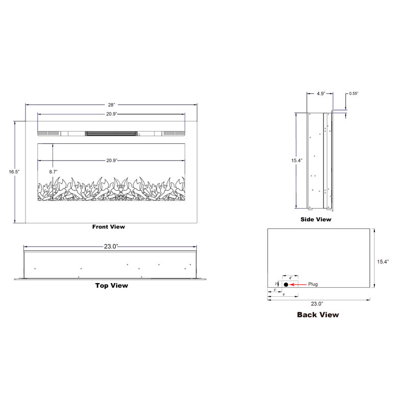 Sideline 28-Inch Black Glass Wall-Mount Electric Fireplace