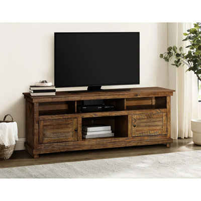 70 - 79 Inches Tv Compatible Distressed Brown Stand, With Six Compartments For Games And Two Open Shelves Decorative Accents