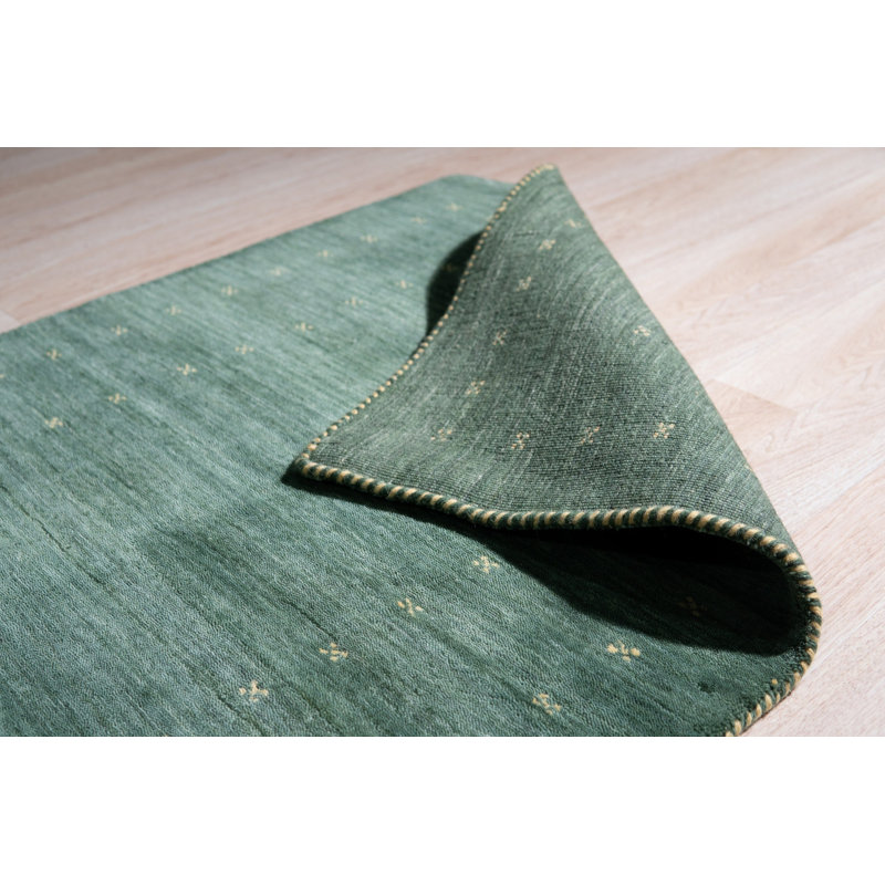 Green Hand-Knotted Wool Emerald Field Blossoms Geometric Modern Contemporary Carpet Rug, 4' x 6'