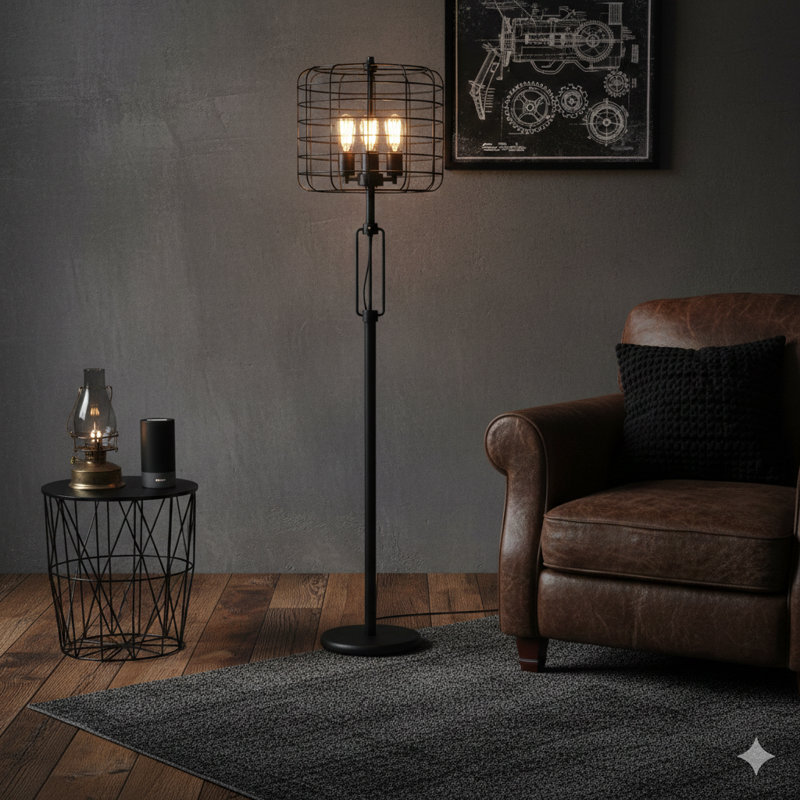 LAMPE DE SOL À CAGE INDUSTRIELLE H 65 po NOIRE AVEC AMPOULE ÉDISONNÉE (1 PCS / CNT) (4,88 / 24,68)