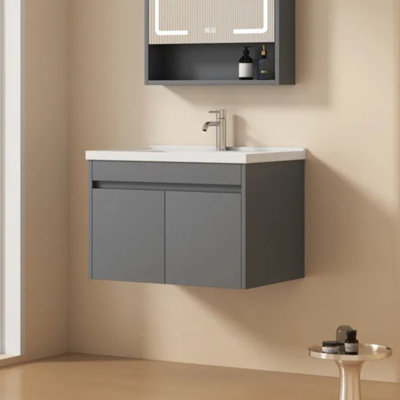 28 Inch Bathroom Vanity with Sink Combo, Wall Mounted Small Bathroom Vanity with Soft-Close Door Modern Floating Cabinet, Pop-up Drain, P-Trap Included, Grey(No Faucet)