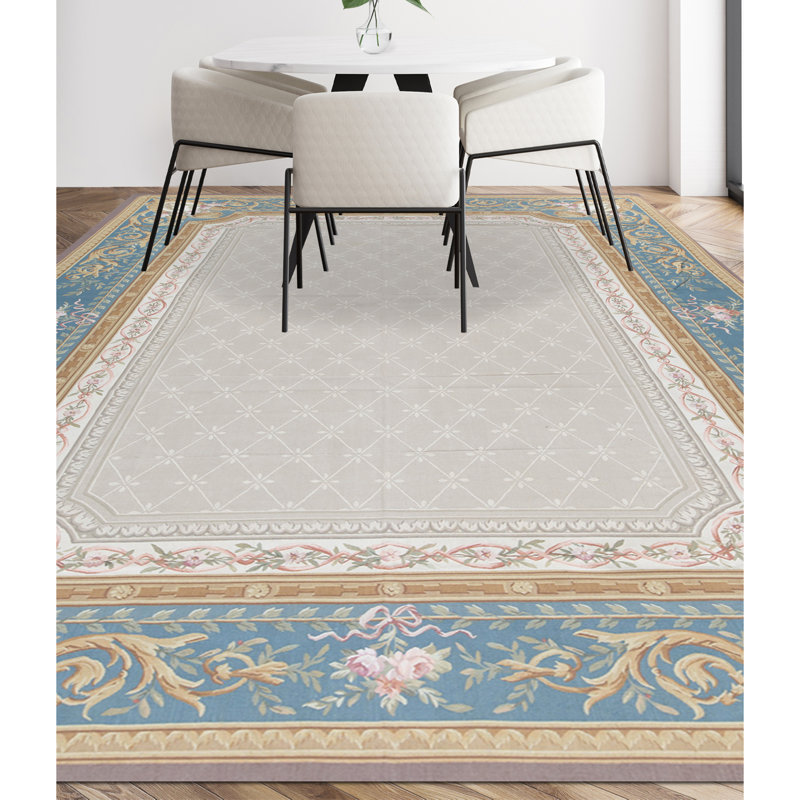 Hand-Knotted High-Quality Beige and Teal Area Rug
