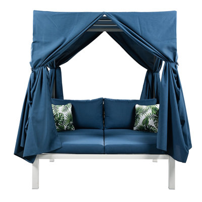 Blue Outdoor Relax Chair - Water- Cover Elegant Look Patio Sun Lounger With Curtains Furniture Piece, Thick Cushions For Relaxation, Weaving, Water-, 70.9''H X57.5''W X 57.5''D