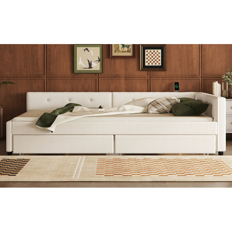 Lit plateforme tapissier avec port USB et 2 tiroirs, beige
