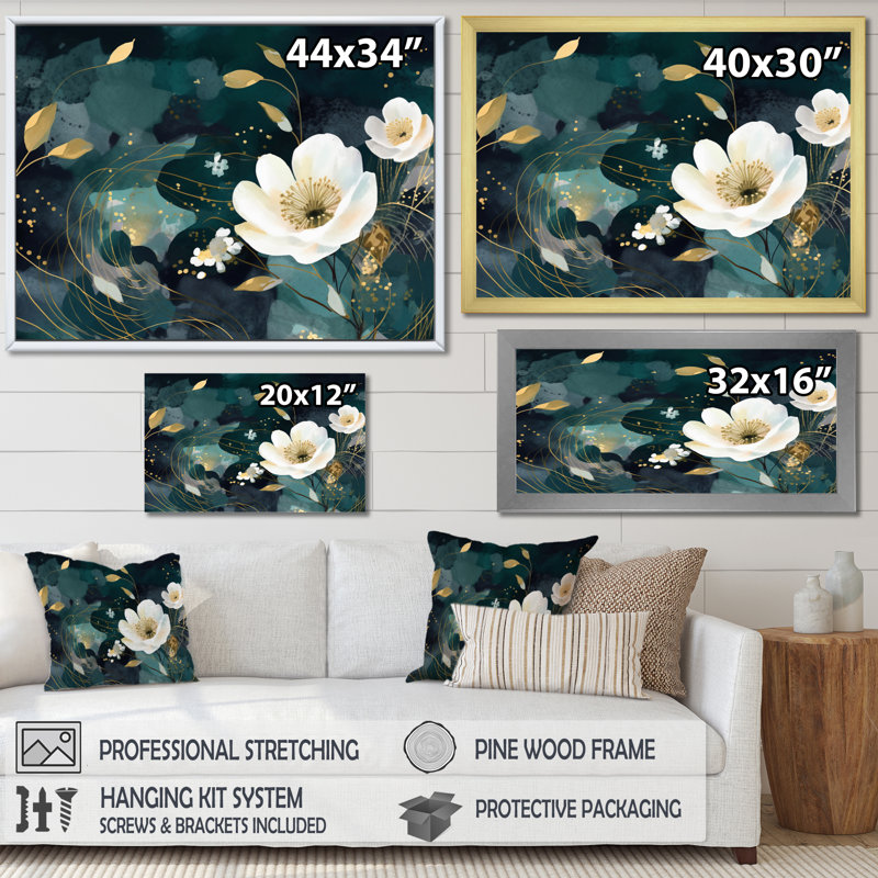 Plantes blanches bleu sarcelle dans le chaos I - art mural floral, Cadre flottant noir, H 24 po x l 32 po x P 1 po