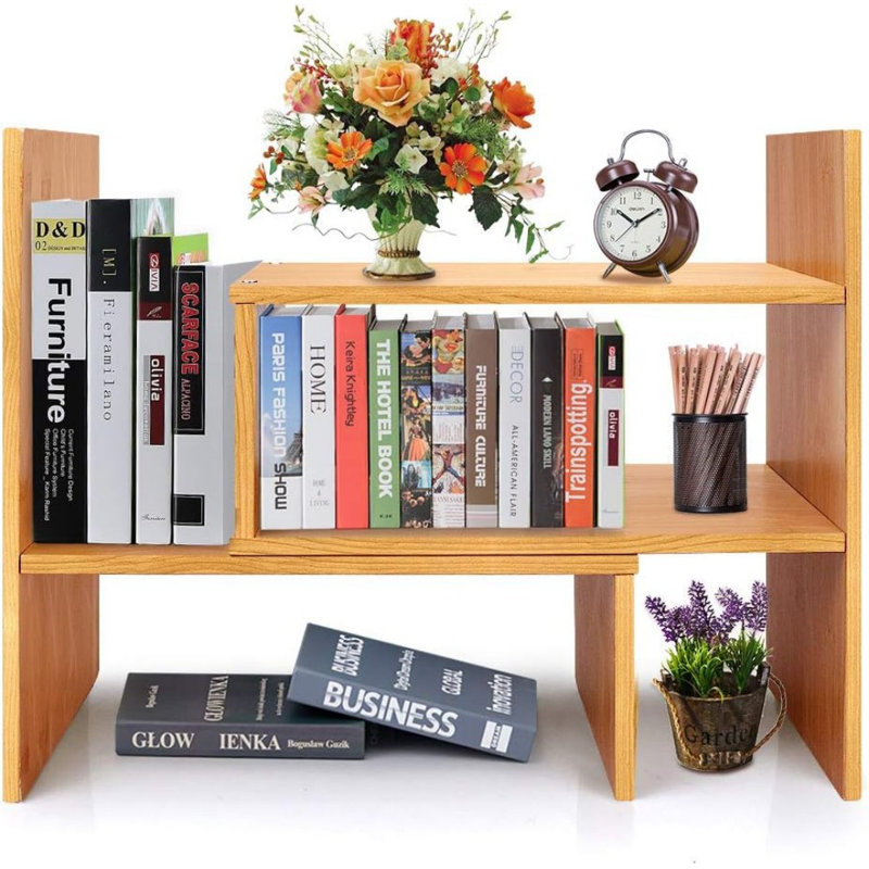 Adjustable Natural Wood Desktop Bookshelf Bamboo Desk Storage Organizer Display Shelf Rack, Counter Top Bookcase