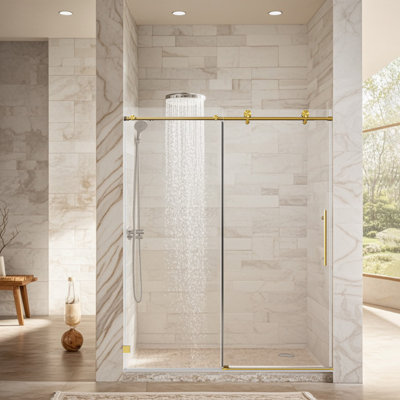56-60" W * 74" H Frameless Single Sliding Soft-close Shower Doors, Bathroom Sliding Shower Door, 5/16" (8mm) Thick Sgcc Tempered Glass Door, Brushed Gold