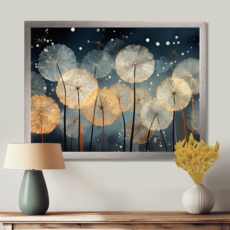 Blanc sarcelle pissenlit symphonie II - art mural pissenlit pour le salon, H 30 po x l 40 po x P 1,5 po, Cadre simple argenté