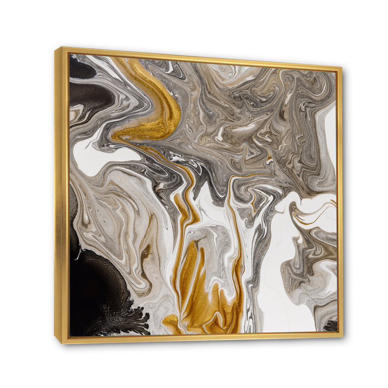 «Gold and Black Marble Waves III», reproduction d'art sur toile moderne, H 16 po x l 16 po x P 1 po, Cadre flottant doré