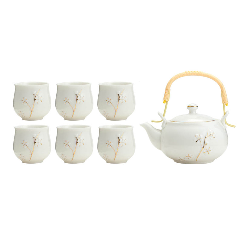 Service à thé chinois / japonais en porcelaine blanche avec accents dorés, service de thé traditionnel fait à la main avec théière et 6 tasses à thé