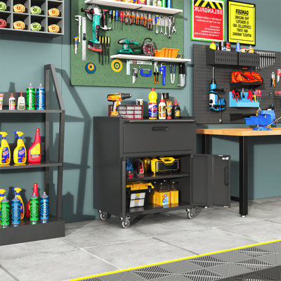 Heavy-Duty Rolling Storage Cabinet For Garage - 1 Drawer, Adjustable Shelves, Black And Gray Metal With Wheels Locking Doors Ample Space,