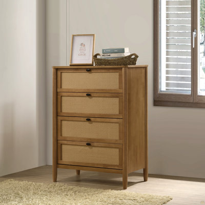 Commode 4 tiroirs en bois et rotin