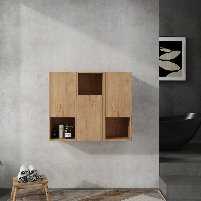 Armoire de salle de bain latérale, portes à fermeture douce, conception à fixation flottante, Brun
