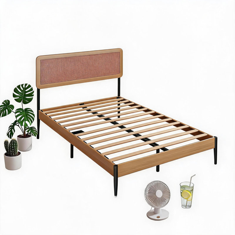 Structure de lit avec tête de lit, structure de lit plateforme en rotin pleine grandeur, lit Boho avec tête de lit tissée naturelle, support robuste en lattes de bois et de métal, aucun sommier requis, rangement sous le lit de 10,4 po.
