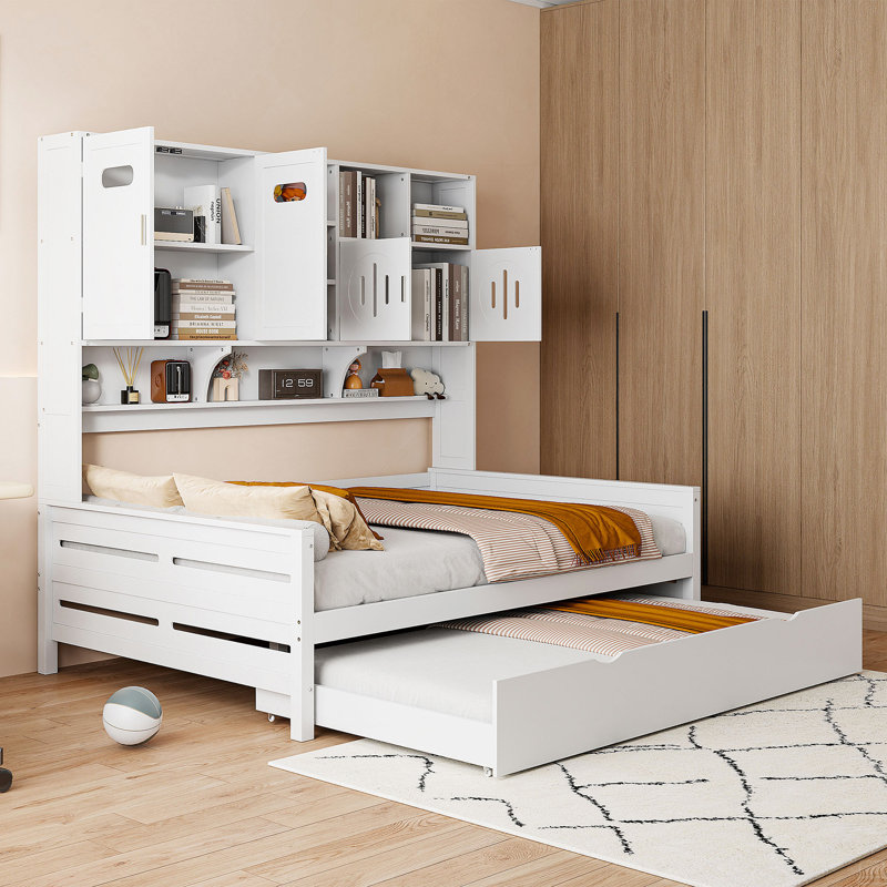 Full Size Wooden Daybed With Twin Size Trundle, And All-In-One Cabinet And Shelf, Full