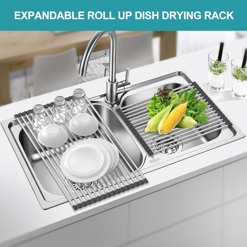 Extra Large Expandable Over-Sink Dish Drying Rack | Roll-Up Stainless Steel Sink Cover | Foldable & Rollable | Black (22.8''-12.4'')