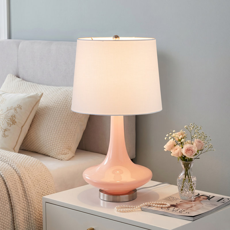 24.25" Modern Elegant Pink Glass Table Lamp With White Fabric Shade, Pink