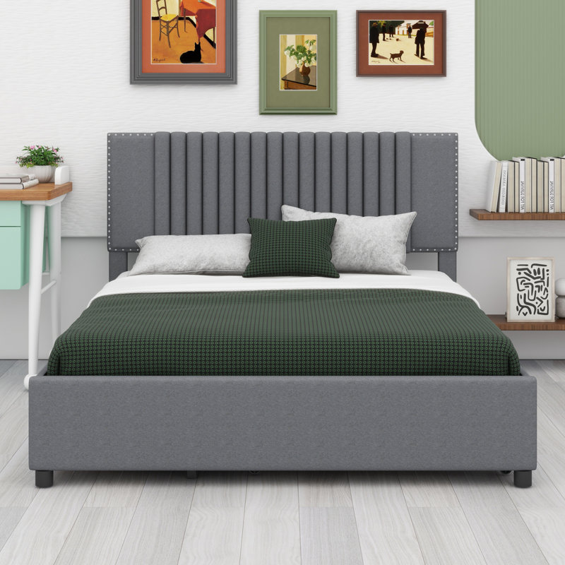 Lit plateforme tapissier avec 2 tiroirs et lit gigogne, tête de lit classique, gris