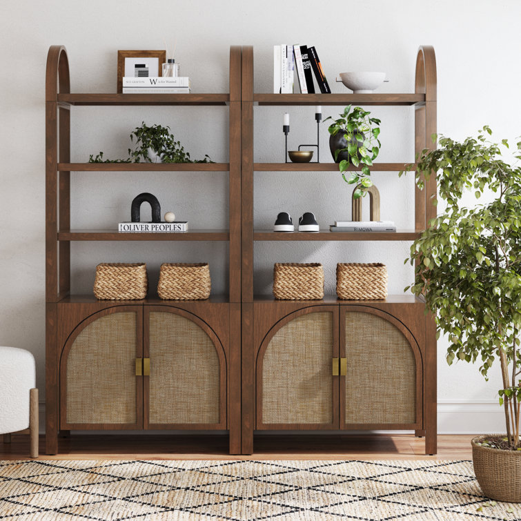 Boho 3-Shelf Bookshelf Cabinet With Rattan Doors