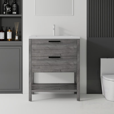 Meuble-lavabo autoportant avec lavabo, tiroir à fermeture en douceur, lavabo en céramique, contreplaqué