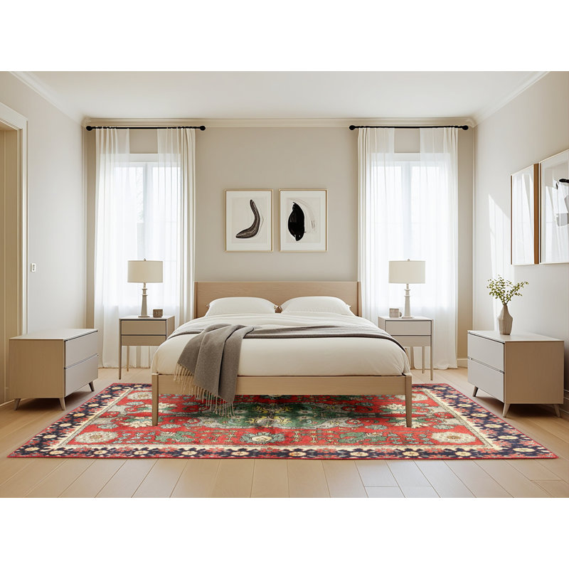 Tapis rouge/beige/noir traditionnel, Rectangle 5 pi x 8 pi
