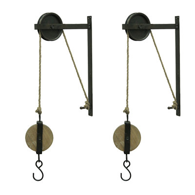 Pair Of Rustic Vintage Style Metal And Wood Pulleys And Hooks Wall Hanging