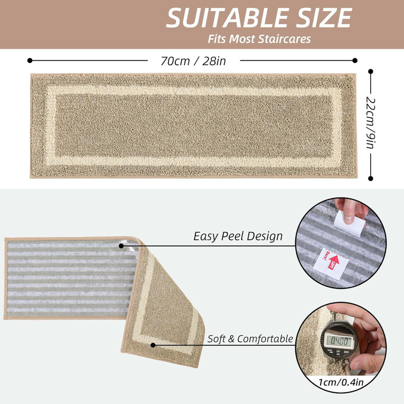 Tapis d'escalier doux 15 pièces antidérapants, Beige