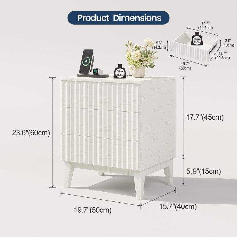 19.7'' W Nightstand With 3-drawer, Charging Station And Human Sensor Light, White