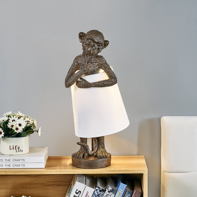 Lampe de table singe en bronze 21 "avec abat-jour H 21", Brun, Blanc