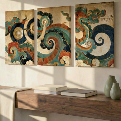 3 Pieces Exculisive Golden Landscape Large Wall Art with Deer and Trees in Circular Design, Canvas Decor for Living Room, Bedroom and Office