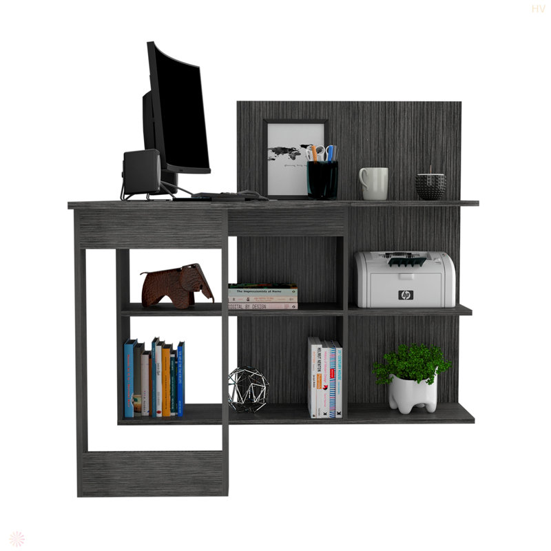 Masai Writing Computer Desk, Five Open Shelves, Gray