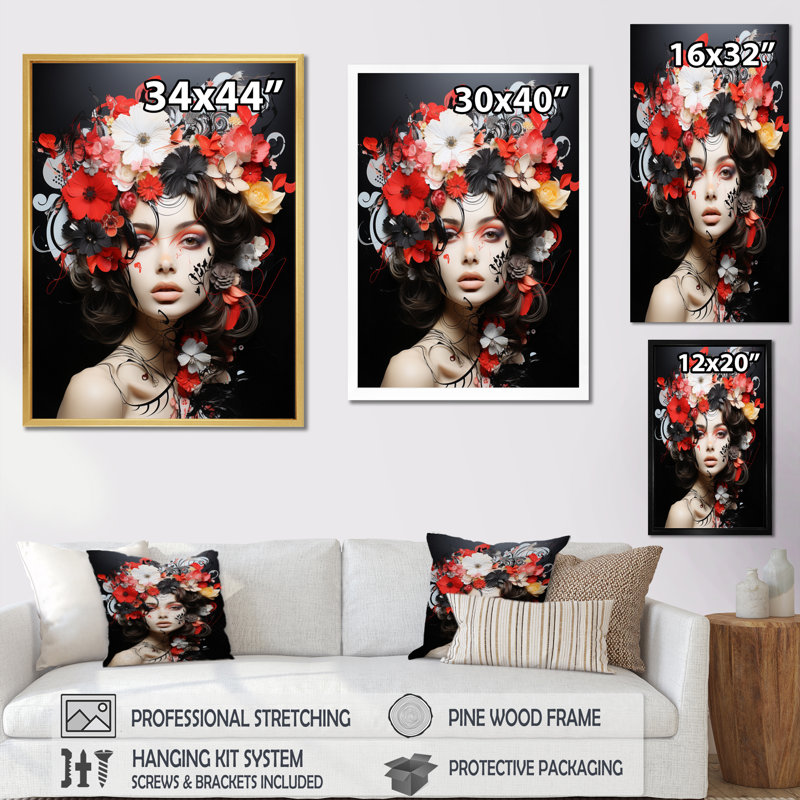 Noir, rouge, floral, mode, femme, H 44 po x l 34 po x P 1,5 po, Toile tendue