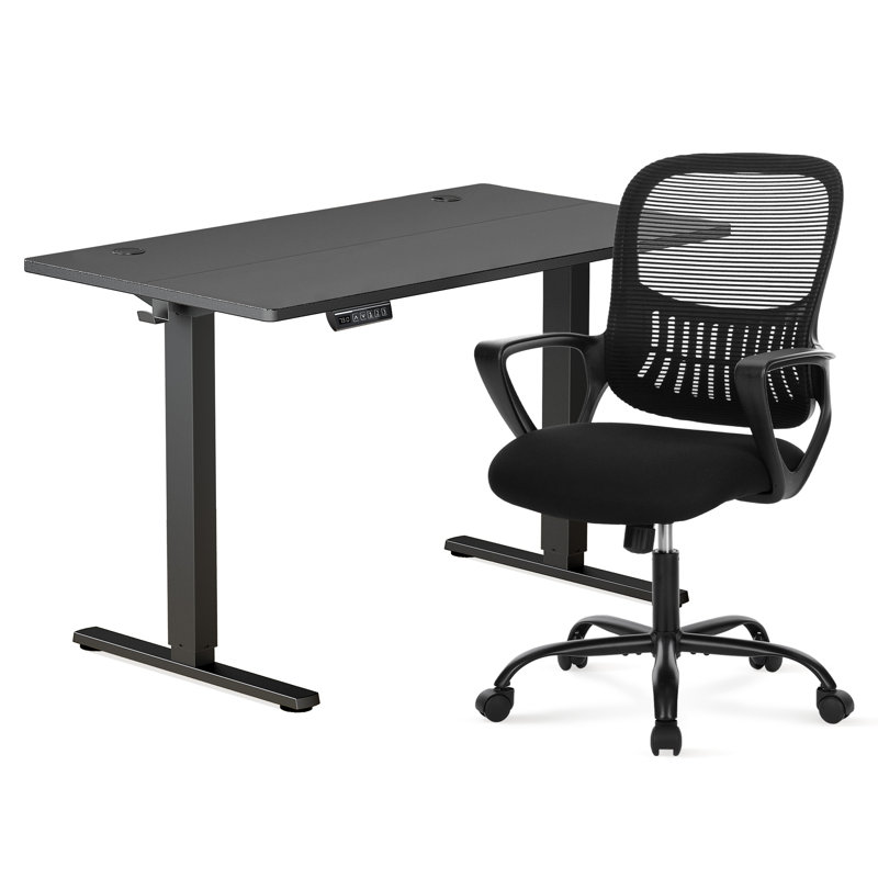 Home Office Desk and Chair Set, Modern Adjustable Standing Desk with Mesh Ergonomic Chair, Black/Black