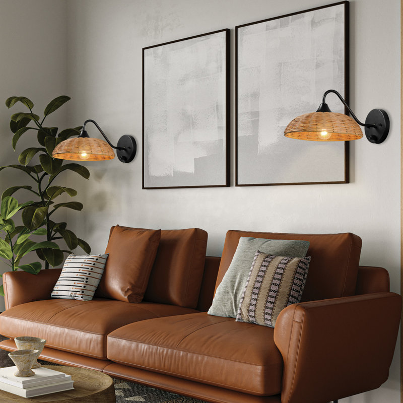 1-Light Plug-In Or Hardwire Wall Sconce, Matte Black, Blonde Paper Twine Shade, 6Ft Black Braided Fabric Cord, Rotary On/Off Switch On Backplate, Wall Lights For Living Room, Home Décor